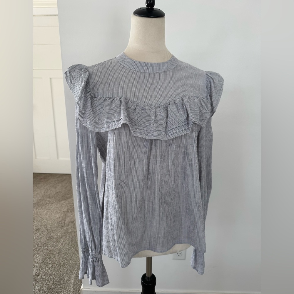 a.n.a Gray and Blue Subtle Stripped Ruffled Long Sleeve Blouse